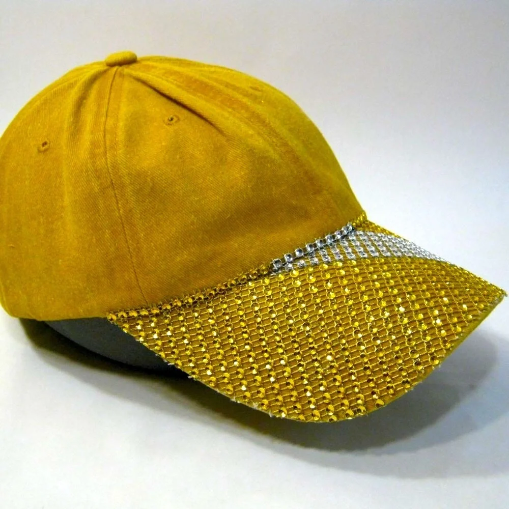Gold/Yellow Silver Fashion Bling Faded 100% Cotton Streetwear Baseball Cap Hat - Picture 3 of 10